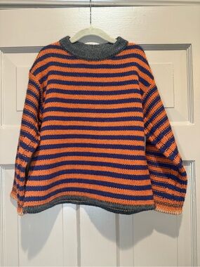 Zara Kids Striped Knit Crewneck Sweater in Orange and Navy